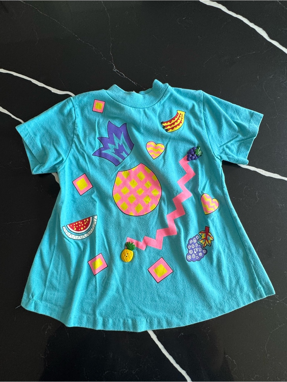 Vintage 90s Bright Teal Kids Graphic Tee with Pineapple & Fruit Motifs